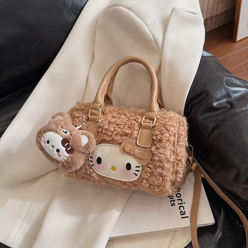 可爱卡通HelloKit羊羔毛保龄球包包学院风少女手提斜挎包毛绒包包