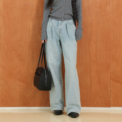 AIRIQI奥莱女装水洗蓝牛仔裤时尚出街显瘦直筒阔腿长裤AI41NC093