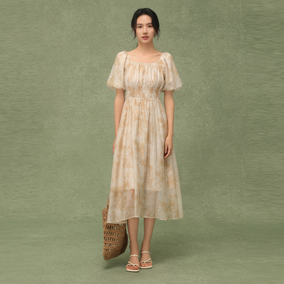 AIRIQI奥莱女装水墨晕染连衣裙度假风慵懒花苞袖长裙AH42LQ623