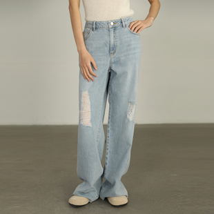 破洞休闲宽松阔腿长裤 时尚 AI42NC160 高腰牛仔裤 AIRIQI奥莱女装