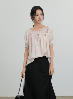 AIRIQI奥莱女装一字领衬衫都市百搭气质两穿泡泡袖上衣AH42XS214