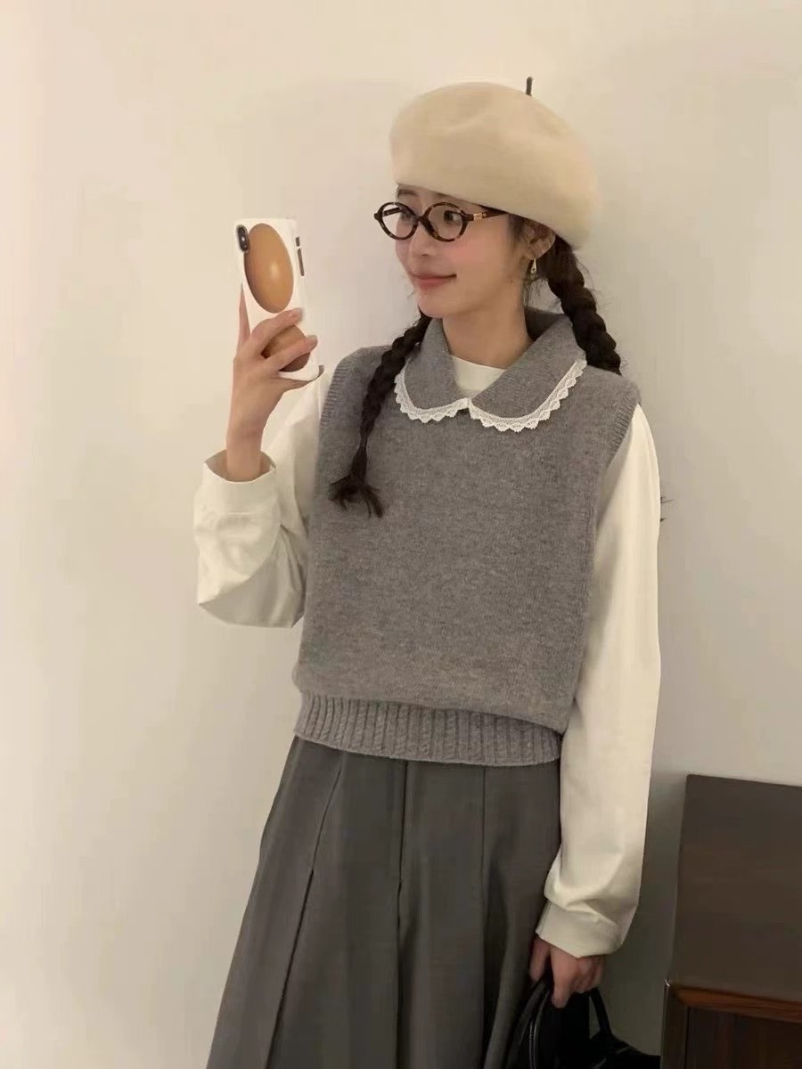 韩国东大门2025秋季新款蕾丝边翻领无袖针织马甲女叠穿背心上衣潮