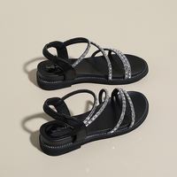 Fashionable black Roman sandals with rhinestones for women 2026 new summer, flat and versatile, extremely beautiful beach shoes to pair with skirts thumbnail 5