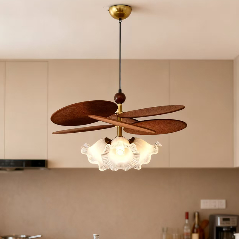 法式中古风复古餐厅吊灯实木风扇灯温馨花朵玻璃灯罩创意一体灯具