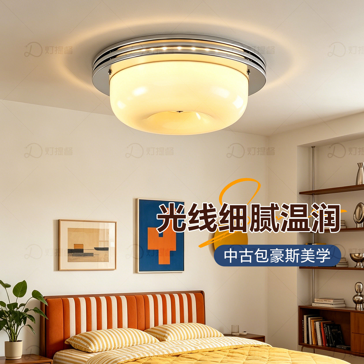 现代简约卧室吸顶灯LED护眼无频闪防蓝光中古包豪斯美学圆形吊灯图片