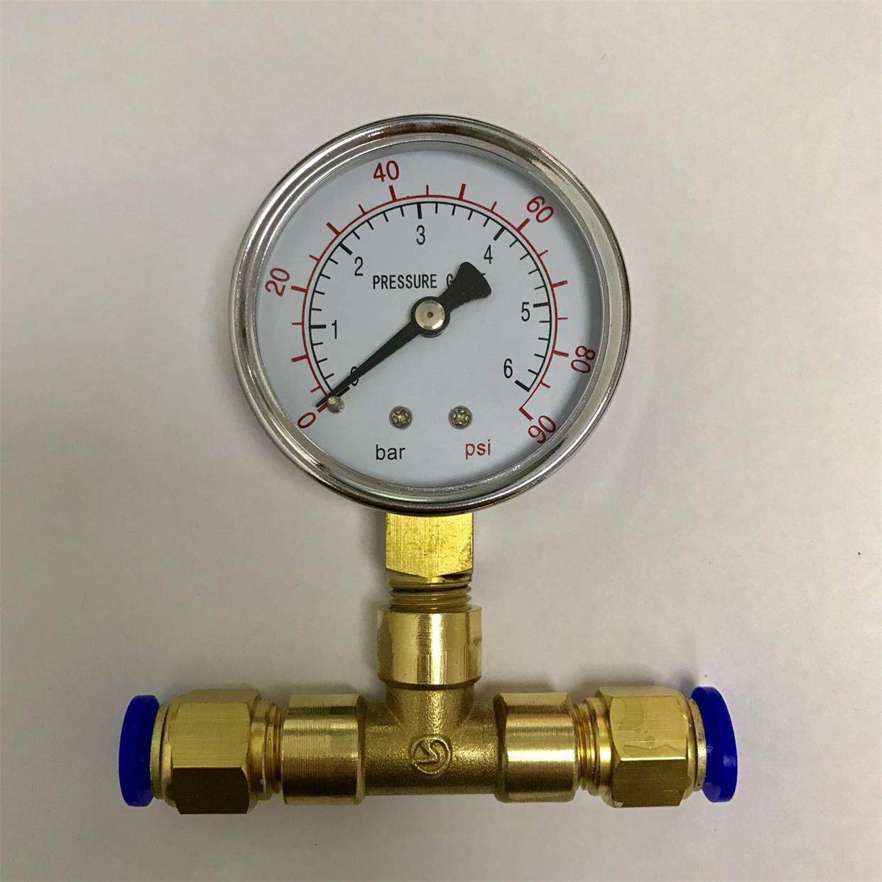 压力表 60mm 6bar 90psi 含三通和两边接外径10mm的气管快接接头