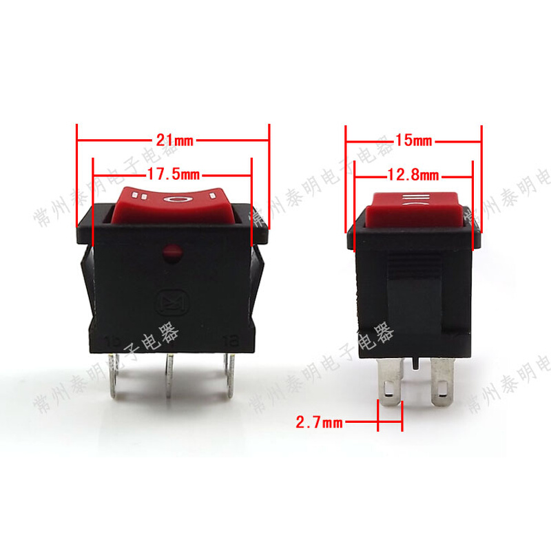 。红色按键船形开关 船型开关电源开关 翘板开关2路6脚3档KCD1-20
