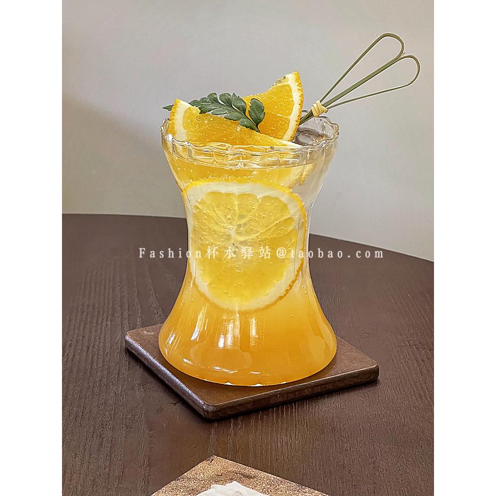 小众ins风玻璃冰美式咖啡杯创意条纹收腰个性果汁饮料杯气泡水杯