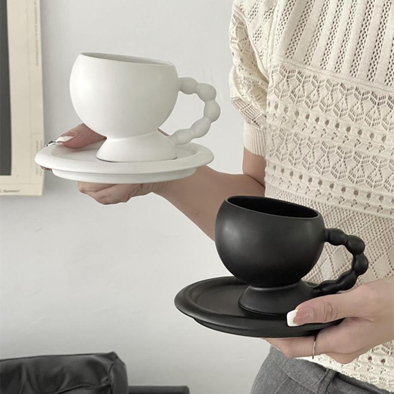 中古咖啡杯碟ins风葫芦手柄陶瓷马克杯下午茶拿铁杯早餐牛奶杯碟