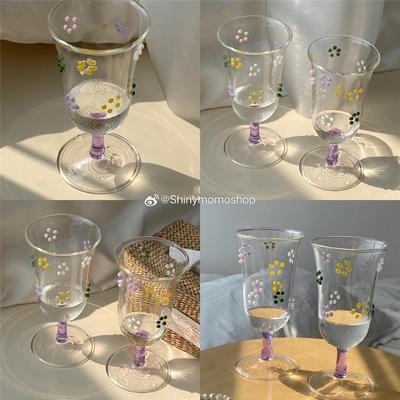 Shinymomo可爱彩色猫爪玻璃杯ins博主风波点耐热高脚花朵香槟酒杯