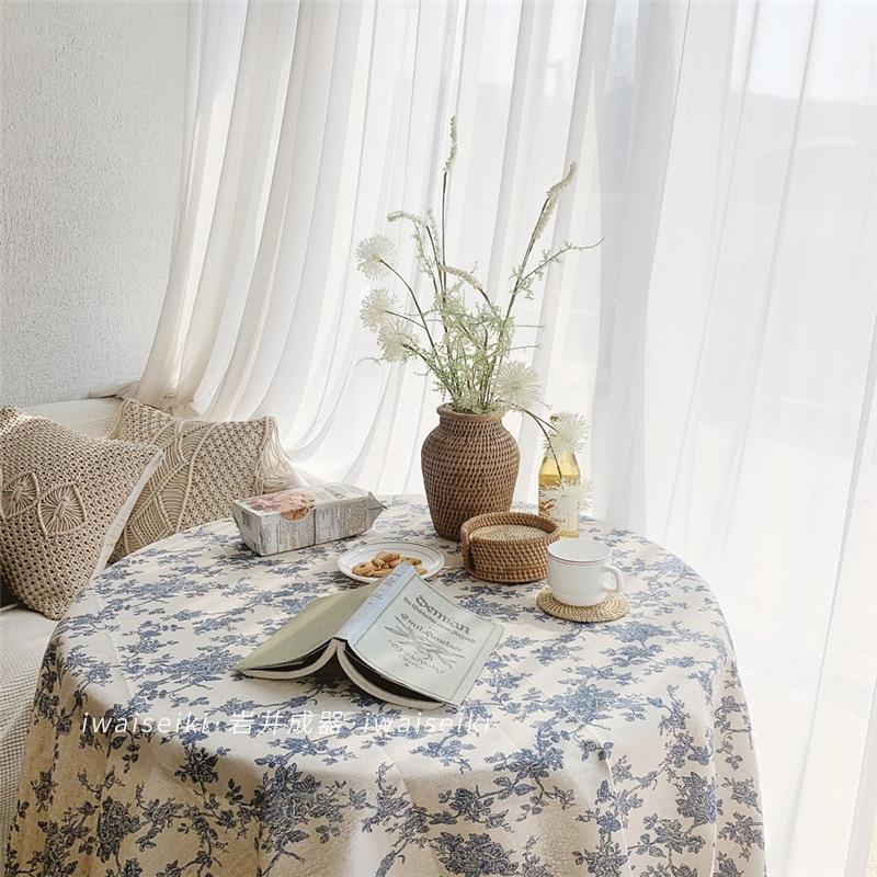 岩井成器 韩国ins风复古蓝色玫瑰桌布野餐布 棉麻摆拍书桌背景布