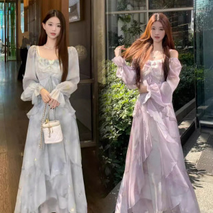 2025春秋新款 连衣裙 超仙森系气质灰蓝色晕染仙气蝴蝶烫金荷叶长袖