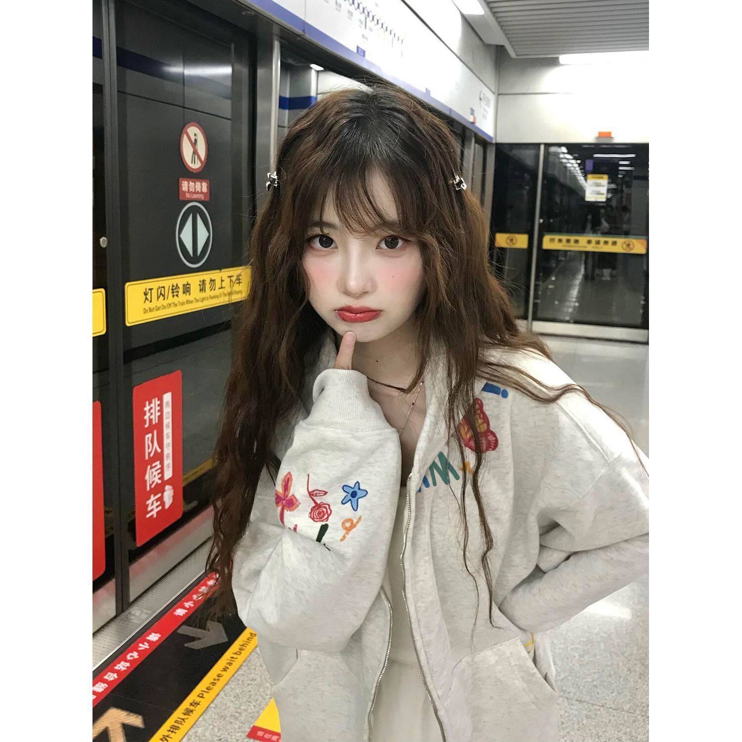 春季新款美式简约慵懒风连帽卫衣女新款宽松加厚情侣拉链开衫外套