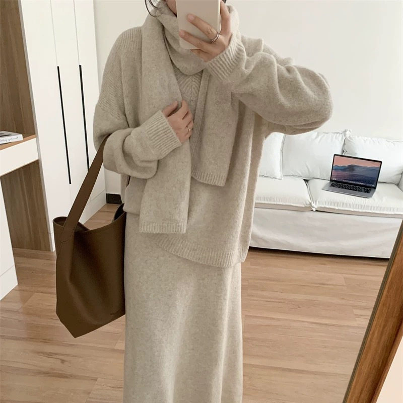 新款大码复古慵懒风针织套装女秋冬软糯毛衣胖MM遮肚显瘦半身裙