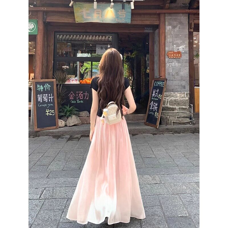 粉色流光纱半身裙仙气飘飘女夏季长款垂感a字珠光长裙子海边纱裙