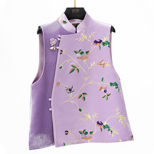 门里门外雪青色库缎拼丝绒立领马甲BR26CM0060M