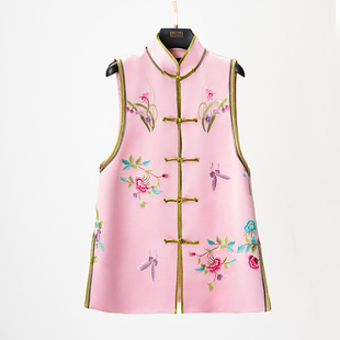 门里门外粉色蝴蝶绣花库缎马甲BC25DM1299A