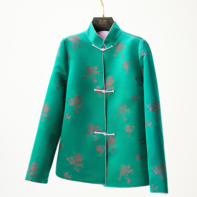 门里门外绿色小菊花真丝库缎立领外套BC25QS0082A