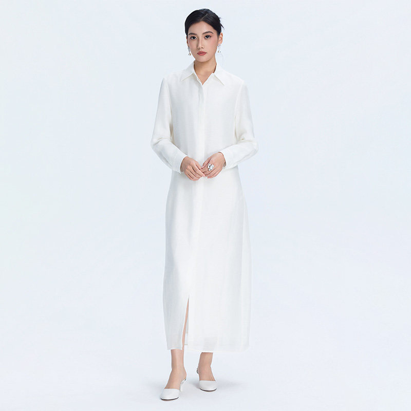门里门外2025年新款白色丝毛麻衬衫连衣裙简约松弛感