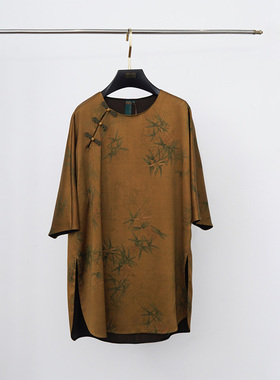 门里门外棕绿色竹叶香云纱上衣BO24XS0099M