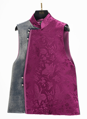 门里门外银霜色丝绒拼紫色漳绒立领马甲BC25DM1318N