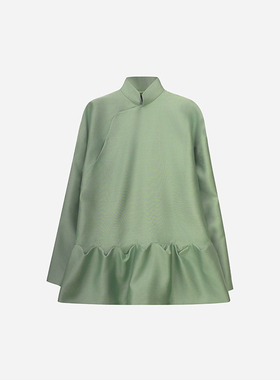 门里门外春秋绿色丝毛拼褶皱斜襟上衣中式艺术设计感显瘦长袖女装