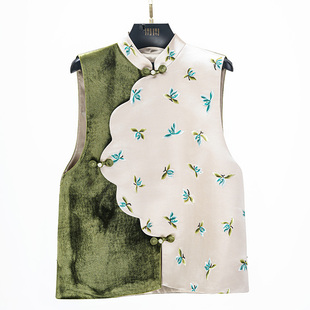 门里门外绿丝绒撞杏色兰纹库缎立领马甲BR26CM0062A