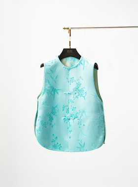 门里门外蔚蓝色折枝花漳缎双面穿马甲BC25DM1296A