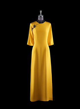门里门外姜黄色真丝重绉立领旗袍连衣裙BO24XQ0126C