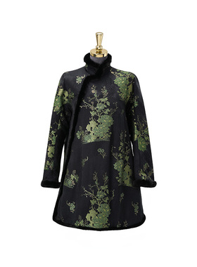 门里门外黑色真丝牡丹提花夹棉立领外套BR24DS1020B