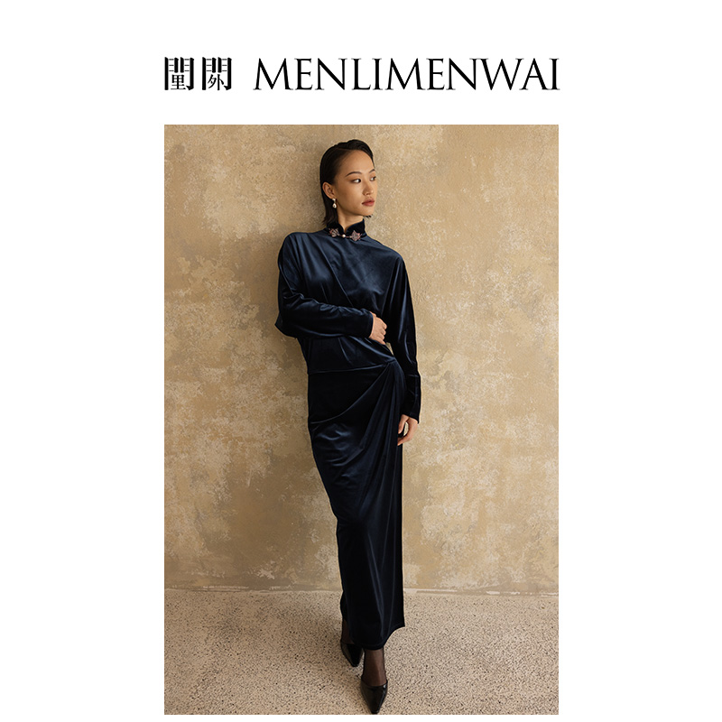 藏青色醋酸丝绒立领旗袍连衣裙