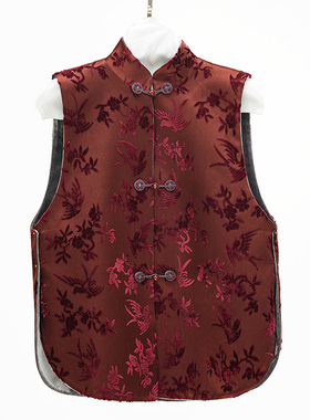 门里门外珊瑚赫缎拼灰色丝绒双面穿立领马甲BC25CM1330D