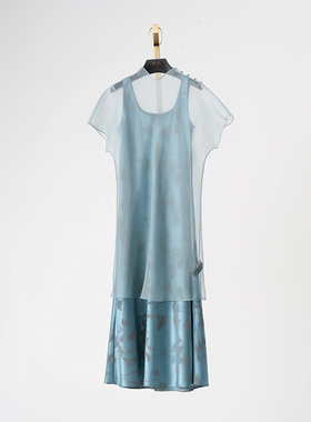 灰蓝色竹影真丝连衣裙BR25XQ0730P青色真丝绡上衣BR25CS0594P