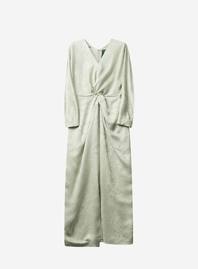 浅绿色梅花冠乐绉V领连衣裙BV24XQ0009B