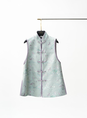 门里门外灰绿色蝴蝶提花马甲BC25DM1267A