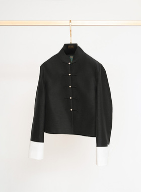 门里门外黑色云缂绸丝毛麻上衣外套BC25QS0089C