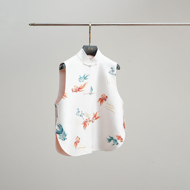 门里门外白色拼粉色金鱼刺绣双宫双韵双面穿马甲BC25CM0318J