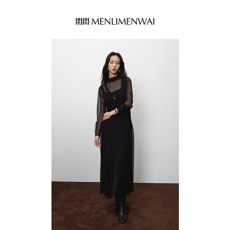 门里门外青衣黑真丝乔其纱连衣裙BV24QQ0146K