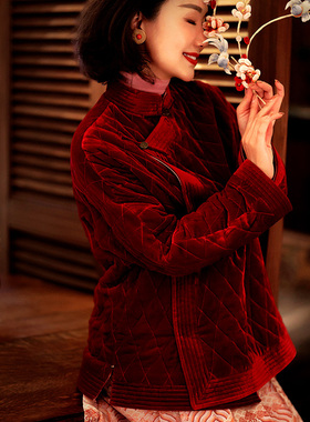 门里门外红色丝绒斜襟棉衣23627FWS-1粉色半裙231077FWB