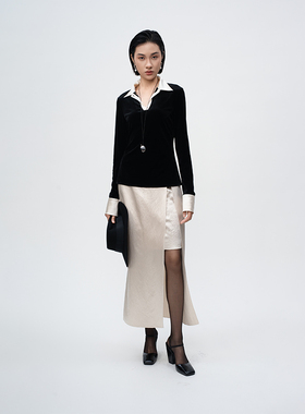 门里门外黑色丝绒上衣BO24QS0279K米白色醋酸半裙BO24QB0280K