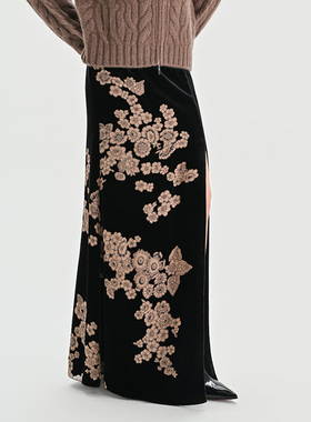 门里门外黑色真丝丝绒半身裙BR25QB0985A