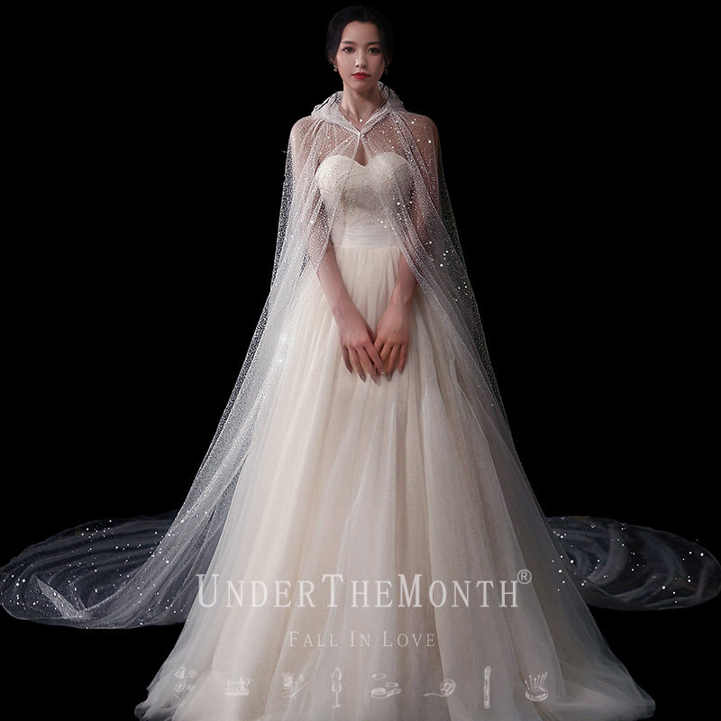 新娘结婚主婚纱头纱超仙森系带帽头纱白色闪闪星空长款大拖尾头纱
