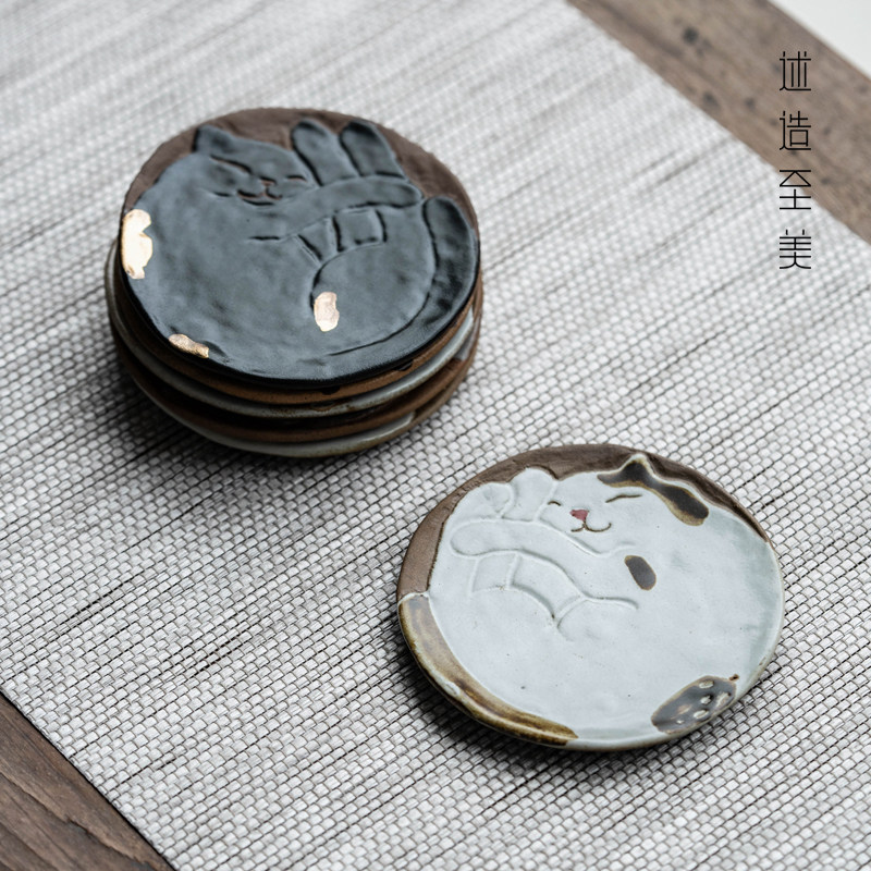 复古手工粗陶卡通茶杯垫茶道零配