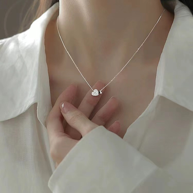 日本品质999纯银镶钻爱心项链女韩国小清新甜美吊坠心形轻奢小众