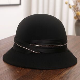 饰羊毛礼帽女秋冬时尚 保暖盆帽优雅气质渔夫帽 轻奢绸带水钻装 法式