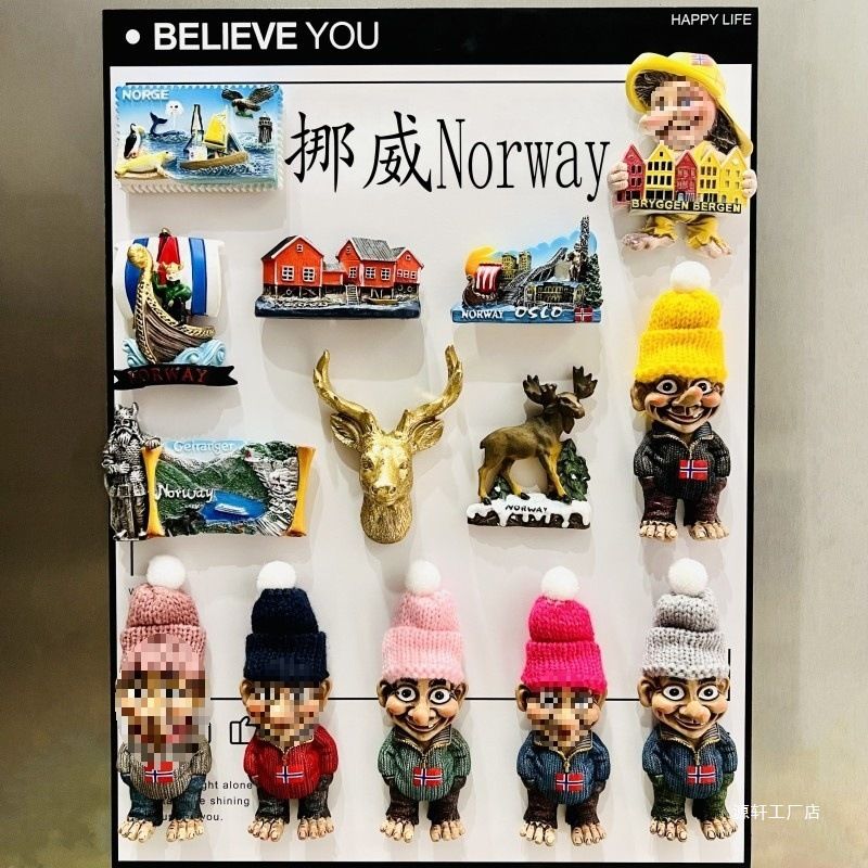 挪威小渔村奥斯陆吉兰格峡湾山妖海盗帆船麋鹿旅游纪念磁力冰箱贴