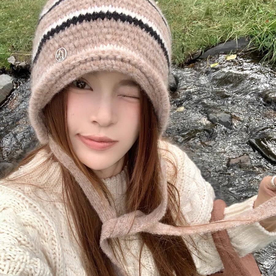 Double inin 日系百搭条纹针织帽女冬季保暖包头帽显脸小护耳帽