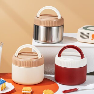 手提304不锈钢真空饭盒上班族学生圆形餐罐配勺保温饭桶400/600ml
