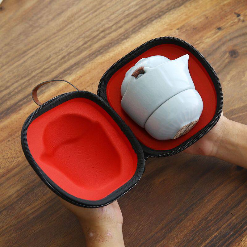 便携汝窑如意快客杯单人一壶二杯外出旅行功夫茶具套装便携式