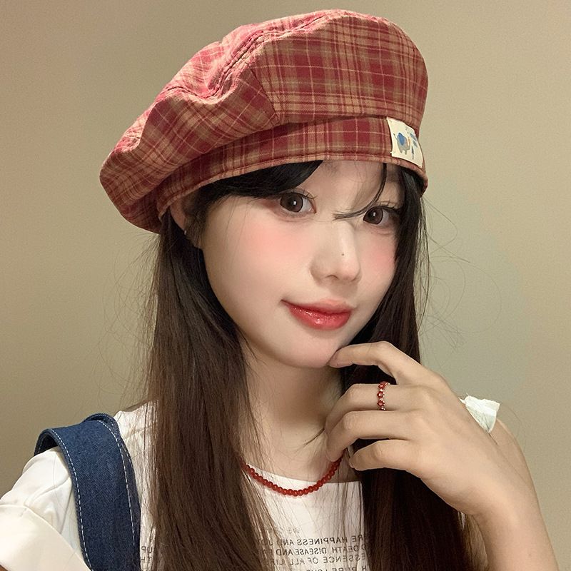 日系复古格子贝雷帽女春夏薄款韩版百搭八角帽大头围显脸小画家帽